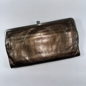 HOBO‎ Leather Clutch Wallet Bronze Brown Double Kisslock Silver Blue Interior